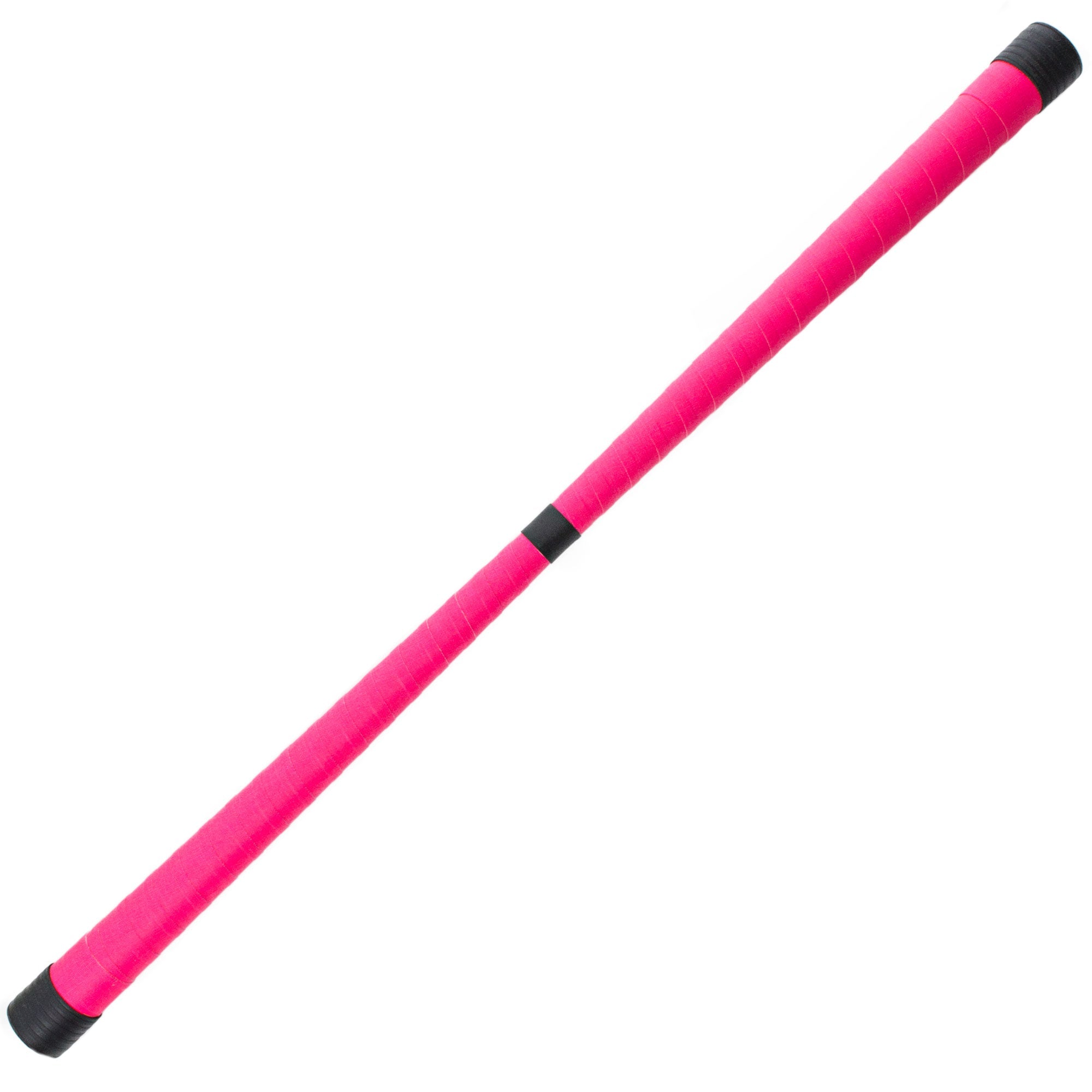 a bright pink devilstick with black ends and black centre point