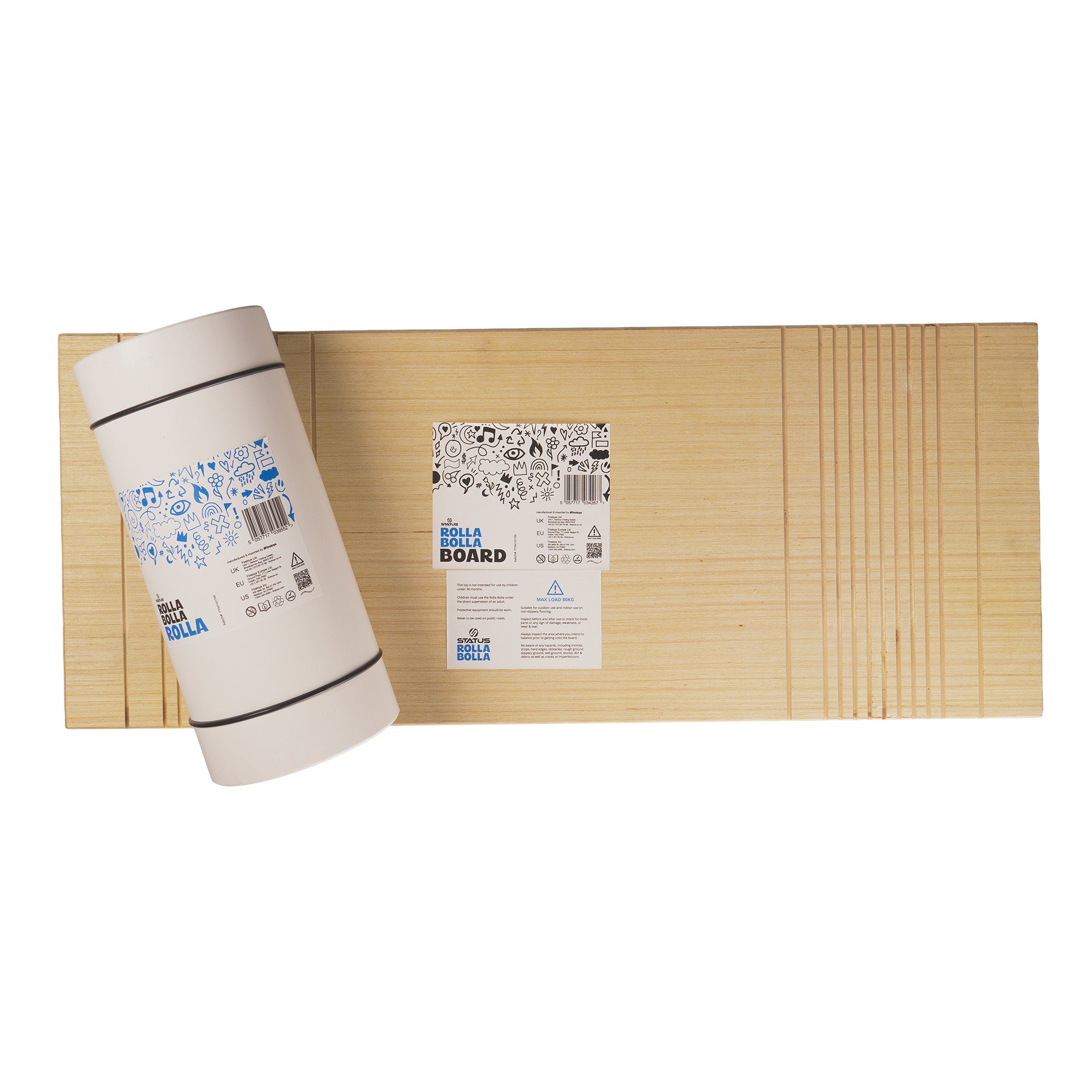 White tumbler with blue designs on a wooden board with a label