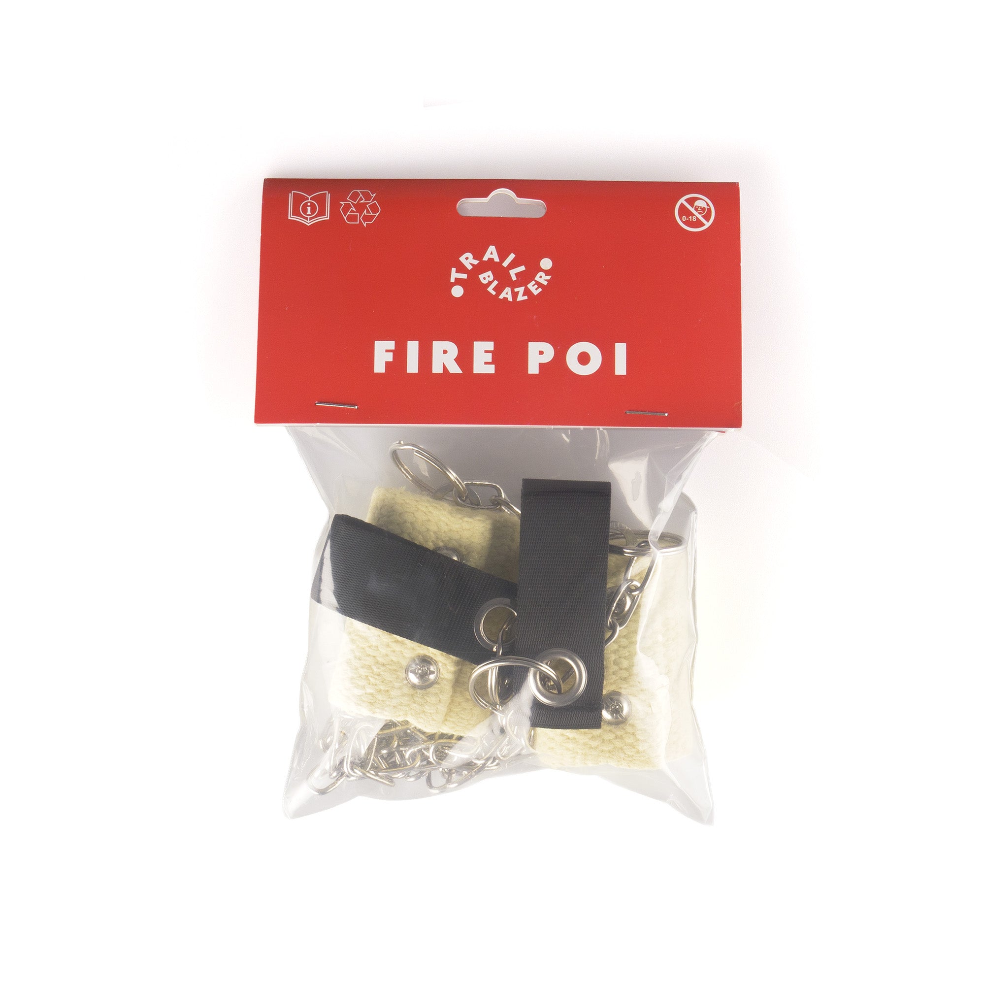 Packaged fire poi with Trailblazer branding on a white background