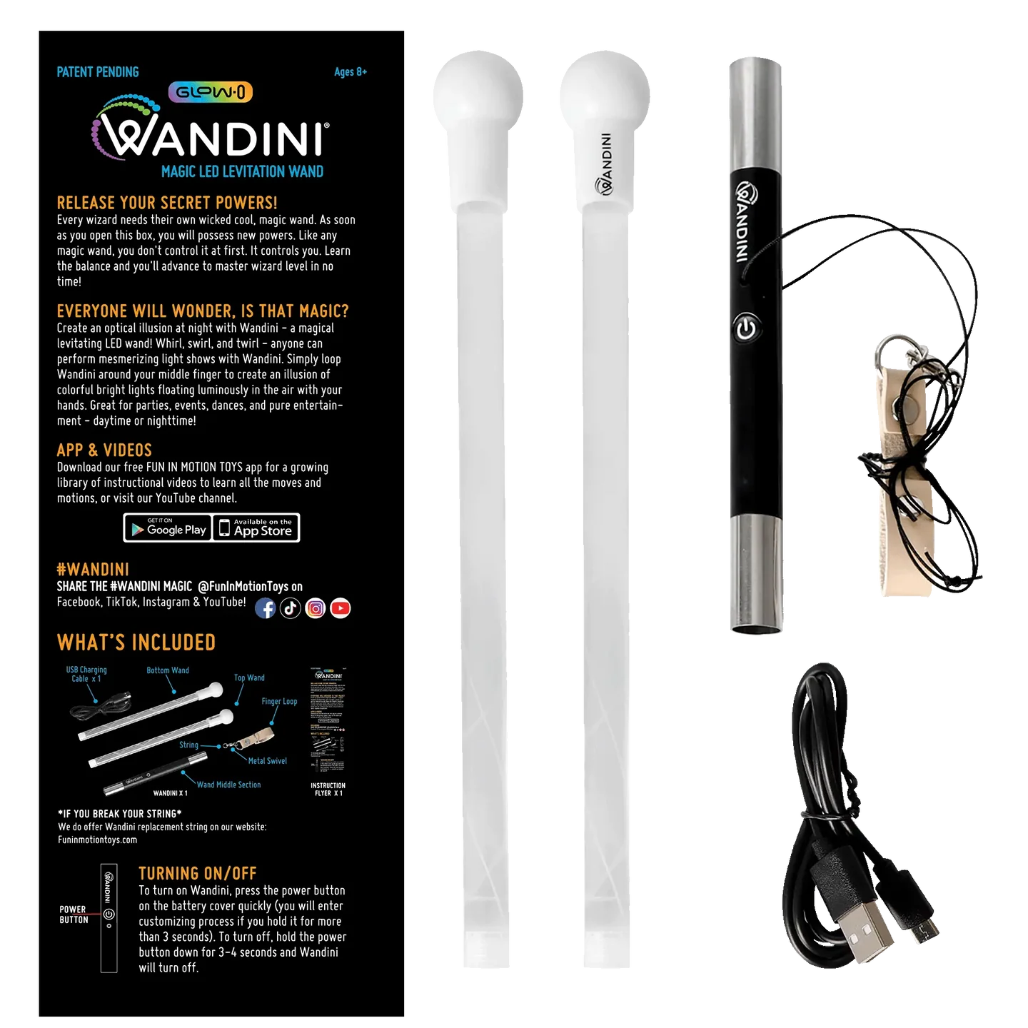 Wandini magic wand set with packaging, two wands, USB cable, and accessories on a white background.