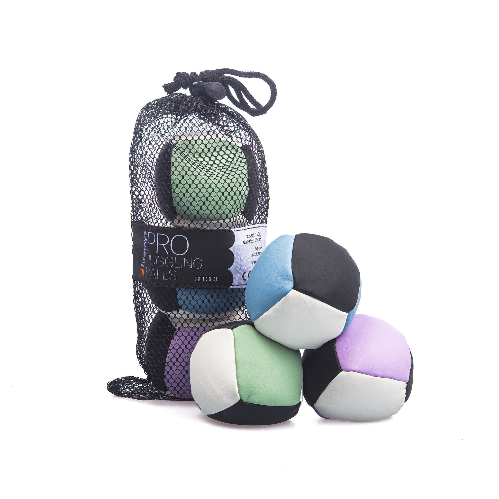 Colorful juggling balls with a mesh bag labeled 'Pro Juggling Balls' on a white background