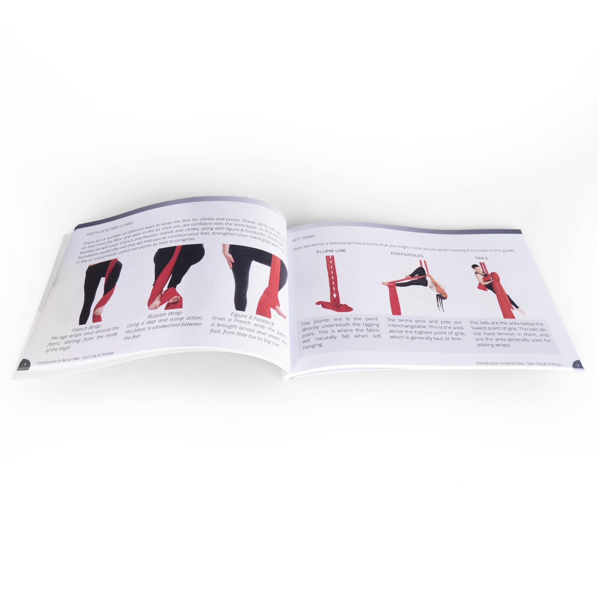 Example pages of Introduction to Aerial Silks book showing footlocks and climbs, with photos and text descriptions.
