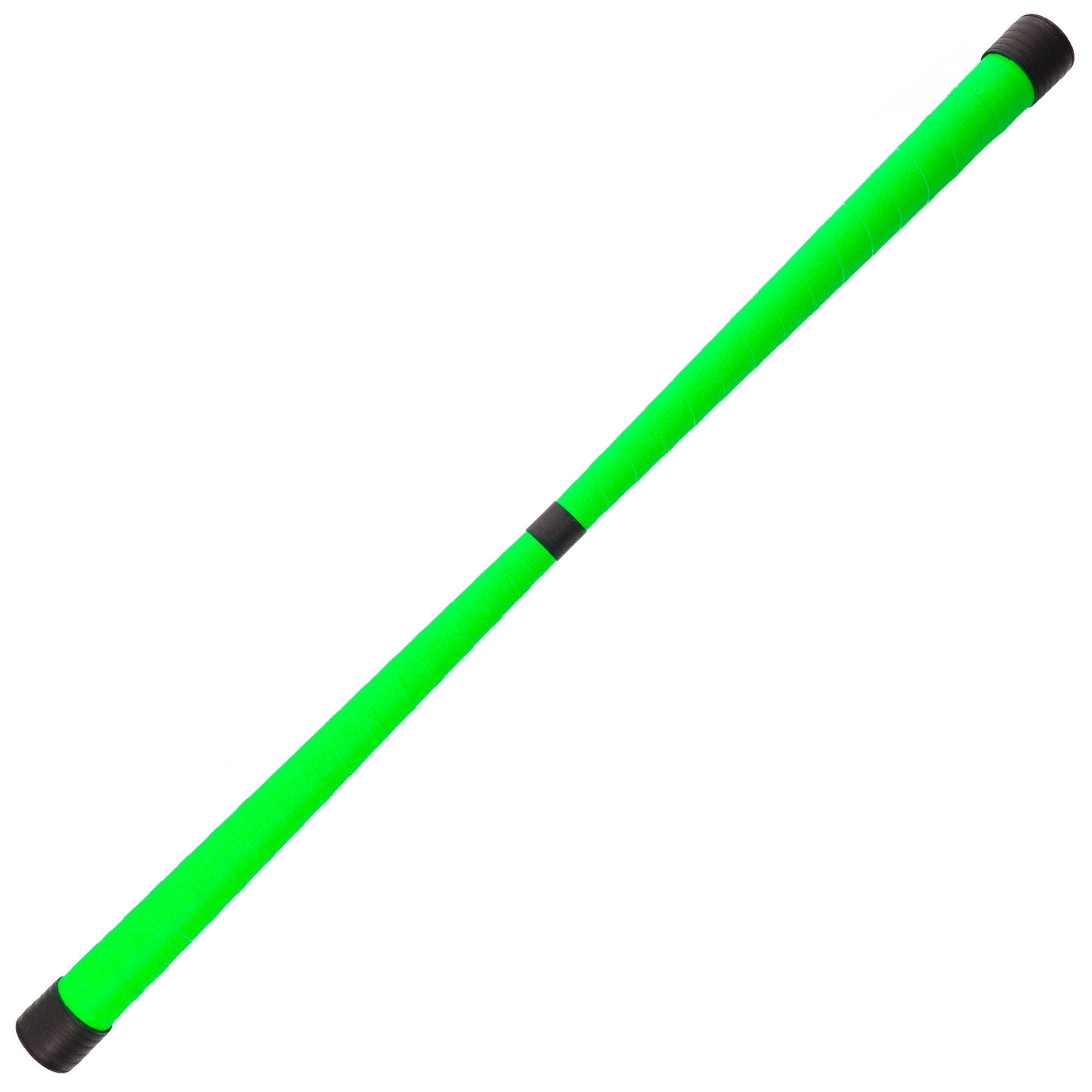 a bright green devilstick with black ends and black centre point