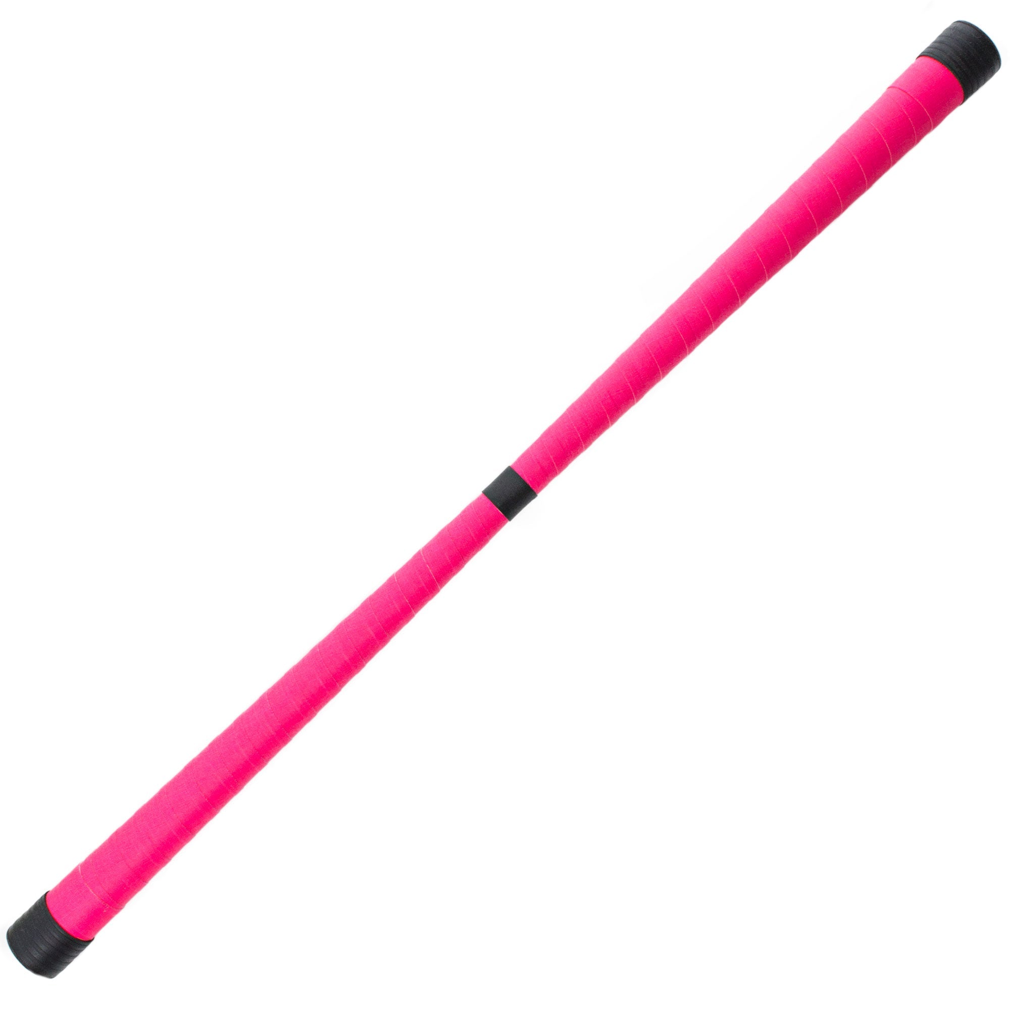 a bright pink devilstick with black ends and black centre point