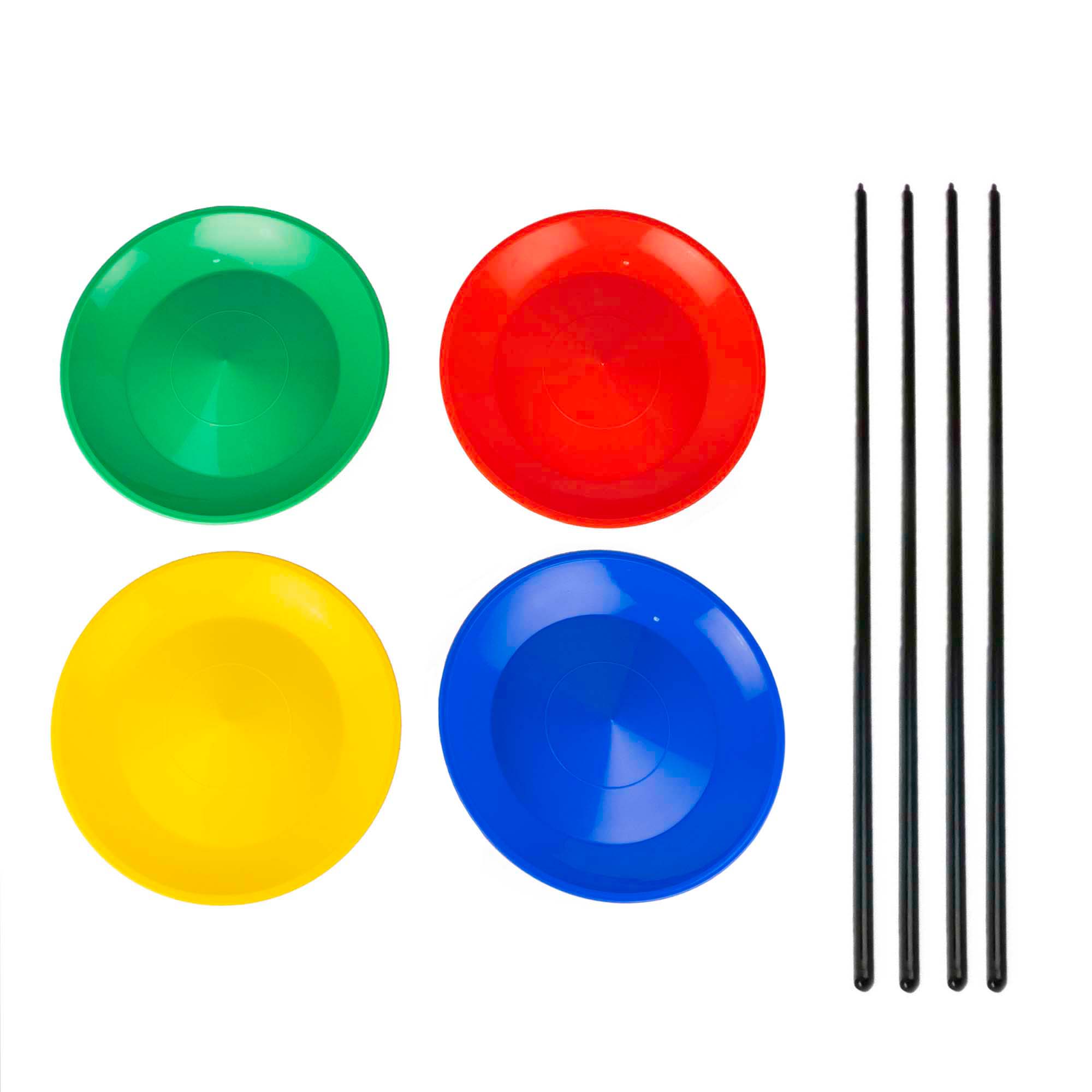 Set of 4 Status spinning plates - one of each colour on a white background