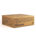 Cardboard box with 'STATUS FUN RACER' branding on a white background