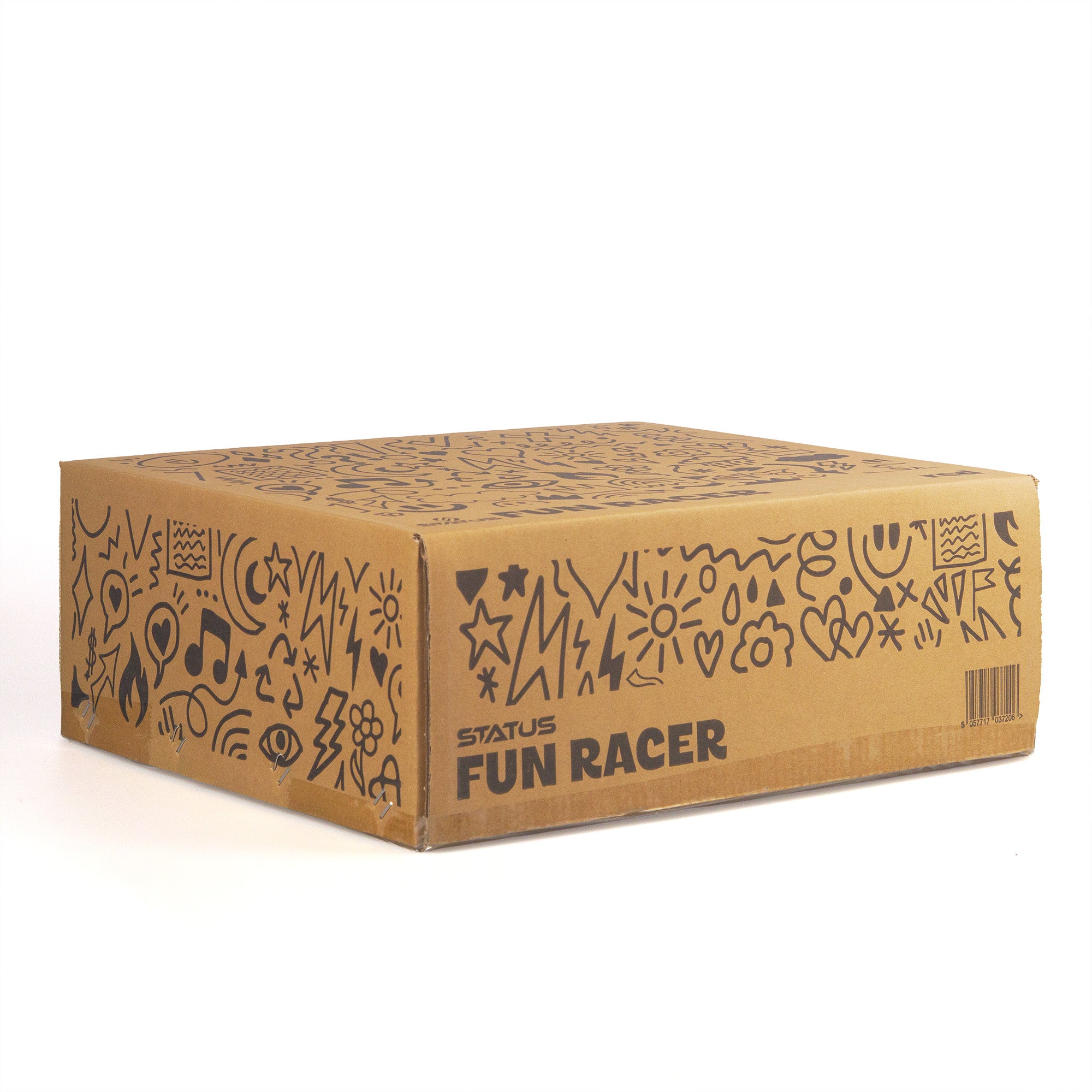 Cardboard box with 'STATUS FUN RACER' branding on a white background